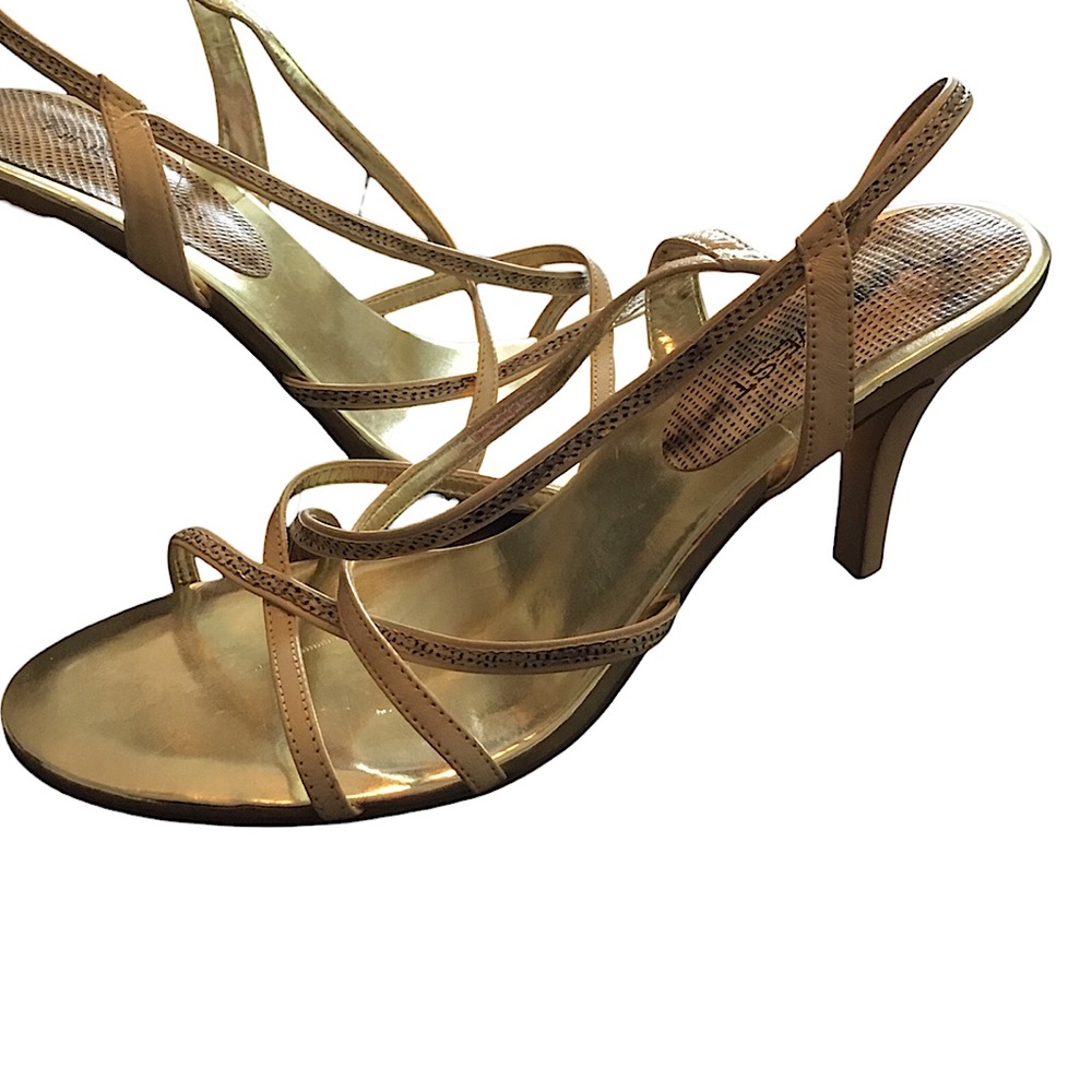 Stylish Nine West Gold and Beige with Animal Print Heels with Straps Size 8 1/2